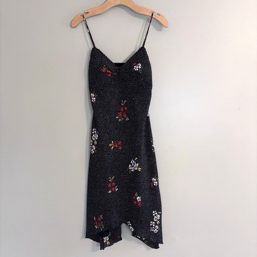 VTG Y2K Polka Dot Floral Slinky Spaghetti Strap AsymmetricaL Midi Dress Petite 8